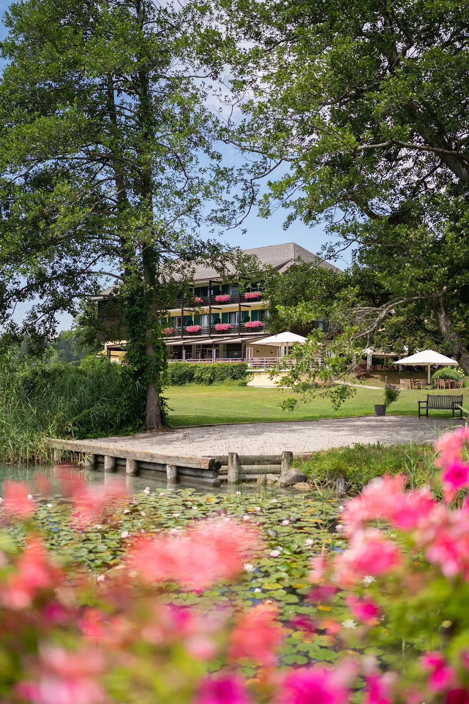 Das Inselhotel hinter Seerosen, Bäumen und Uferblumen