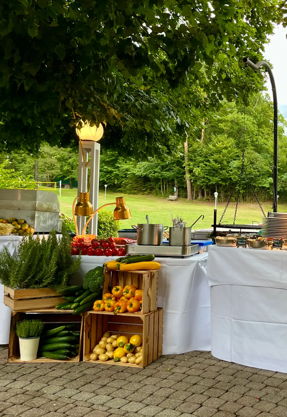 Grillstation im Freien mit Gemüse und Kochutensilien